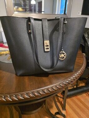 Michael Kors Black Pebbled Leather Tote with Gold MK Charm